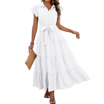 dowerme Women Summer Dress Trendy Ruffle Sleeve Button V Neck Belted Pleated Tiered Loose Boho Flowy...