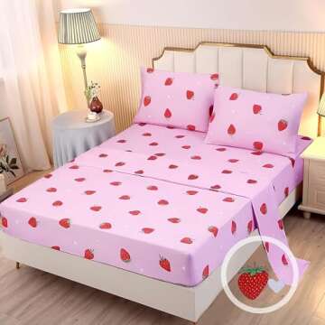 SDY 4PCS Strawberry Bedding Sheets,Queen Size Red and Pink Strawberry Print Sheet Set with 1 Kawaii ...