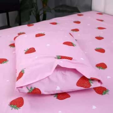 SDY 4PCS Strawberry Bedding Sheets,Queen Size Red and Pink Strawberry Print Sheet Set with 1 Kawaii Top Flat Sheet + 1 Deep Pocket Fitted Sheet + 2 Pillowcases for Teen Girls