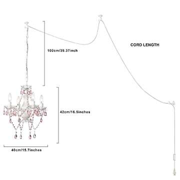 White and Pink Plug in Chandelier Lighting with Cord Children's Bedroom Chandelier Girls Room 4 Light
