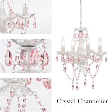 White and Pink Plug in Chandelier Lighting with Cord Children's Bedroom Chandelier Girls Room 4 Light