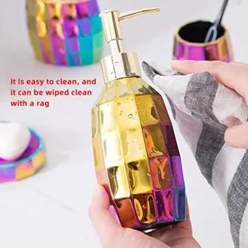 Rainbow Bathroom Accessory Set with Gold Mosaic Design