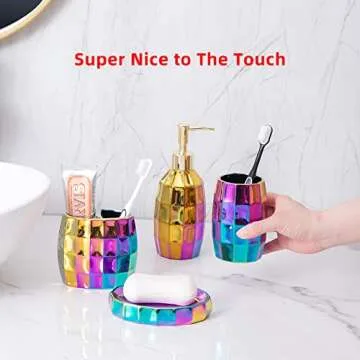 Rainbow Bathroom Accessory Set with Gold Mosaic Design