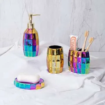Rainbow Bathroom Accessory Set with Gold Mosaic Design
