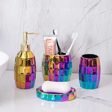 Rainbow Bathroom Accessory Set with Gold Mosaic Design