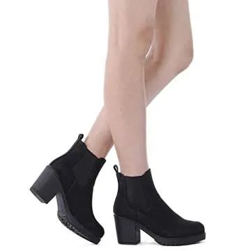 DREAM PAIRS Women's High Chunky Heel Chelsea Ankle Boots Slip On Elastic Fall Heeld Booties Shoes,Size 8.5,Black/Pu,FRE