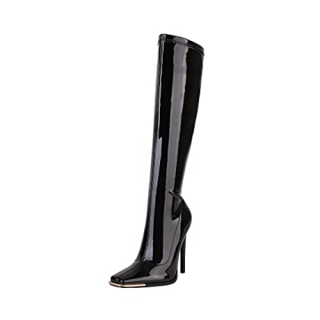 sun gurg Women's Knee High Boots Patent Stiletto High Heel Square Toe Zipper Boot Shoes US 7