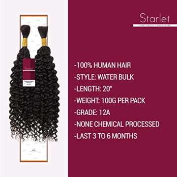 Starlet Virgin Human Hair Water Bulk Extensions for Micro Braiding, 20 Inch, 200g, 4 Bundles, Natural Color