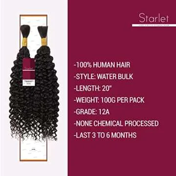 Starlet Virgin Human Hair Water Bulk Extensions for Micro Braiding, 20 Inch, 200g, 4 Bundles, Natural Color