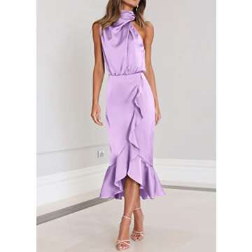 KIRUNDO Womens 2025 Summer Satin Mock Neck Wedding Guest Party Cocktail Midi Dress Sleeveless Wrap R...