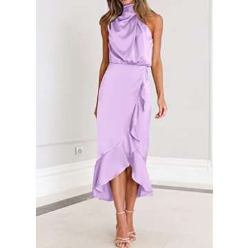 KIRUNDO Womens 2025 Summer Satin Mock Neck Wedding Guest Party Cocktail Midi Dress Sleeveless Wrap Ruffle Formal Dresses(Purple, Small)