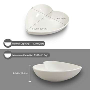Keponbee Big Heart Shaped Bowls 2pcs Porcelain White Heart-shaped Dish for Desserts/Salad/Fruit/Pasta or Romantic Dinner, 9 Inch