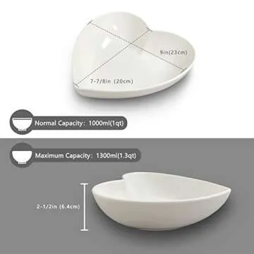 Keponbee Big Heart Shaped Bowls 2pcs Porcelain White Heart-shaped Dish for Desserts/Salad/Fruit/Pasta or Romantic Dinner, 9 Inch
