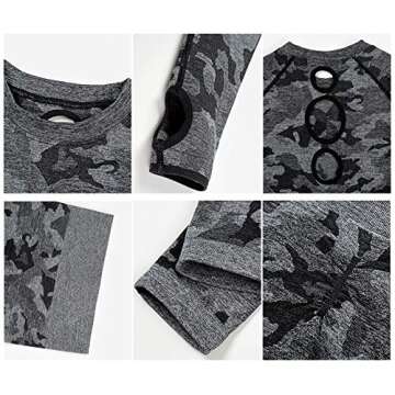 Workout Sets Women 2 Piece Gym Outfit Seamless Yoga Clothes Long Sleeve Crop Top Exercise Fitness Activewear Camouflage Grey Large