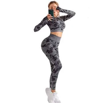 Workout Sets Women 2 Piece Gym Outfit Seamless Yoga Clothes Long Sleeve Crop Top Exercise Fitness Activewear Camouflage Grey Large