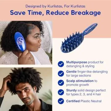 KAZMALEJE Paddle Comb for Detangling Curly, Coily, Kinky Hair | Reduces Breakage & Frizz| Works Dry or Wet | Kid-Friendly | Staggered Wide Tooth Finger-Like Paddle Brush | Blue