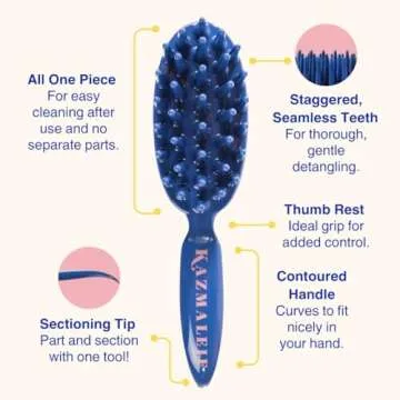 KAZMALEJE Paddle Comb for Detangling Curly, Coily, Kinky Hair | Reduces Breakage & Frizz| Works Dry or Wet | Kid-Friendly | Staggered Wide Tooth Finger-Like Paddle Brush | Blue