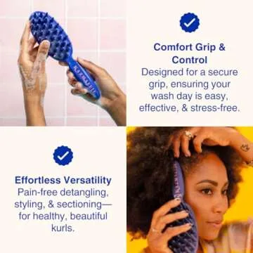 KAZMALEJE Paddle Comb for Detangling Curly, Coily, Kinky Hair | Reduces Breakage & Frizz| Works Dry or Wet | Kid-Friendly | Staggered Wide Tooth Finger-Like Paddle Brush | Blue