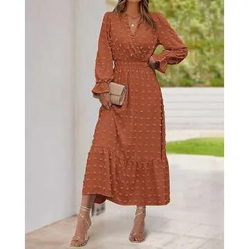 BTFBM Women Fall Dresses 2023 Long Sleeve V Neck Swiss Dots Maxi Dress Boho Long Dress High Waisted A-Line Ruffle Dress(Solid Orange,Large)