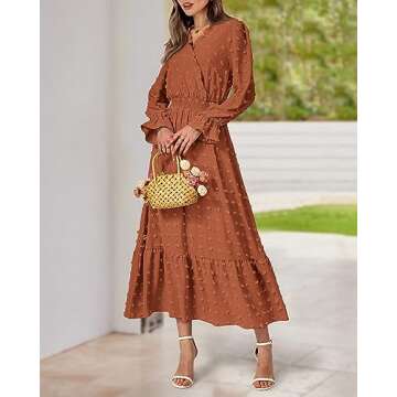 BTFBM Women Fall Dresses 2023 Long Sleeve V Neck Swiss Dots Maxi Dress Boho Long Dress High Waisted A-Line Ruffle Dress(Solid Orange,Large)