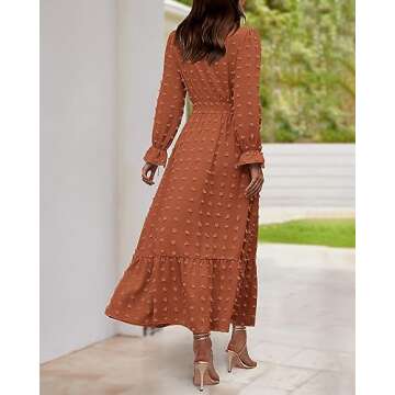 BTFBM Women Fall Dresses 2023 Long Sleeve V Neck Swiss Dots Maxi Dress Boho Long Dress High Waisted A-Line Ruffle Dress(Solid Orange,Large)