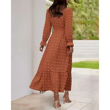 BTFBM Women Fall Dresses 2023 Long Sleeve V Neck Swiss Dots Maxi Dress Boho Long Dress High Waisted A-Line Ruffle Dress(Solid Orange,Large)