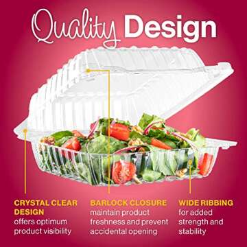 50 Clear Plastic Containers, 8" X 8" X 3" Hinged Lid Togo Containers for Food | Clamshell Food Containers for Strawberry Boxes, Bakery Supplies, Cake, Cookie, Dessert, Salad Containers, Treat Boxes