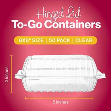 50 Clear Plastic Containers, 8" X 8" X 3" Hinged Lid Togo Containers for Food | Clamshell Food Containers for Strawberry Boxes, Bakery Supplies, Cake, Cookie, Dessert, Salad Containers, Treat Boxes