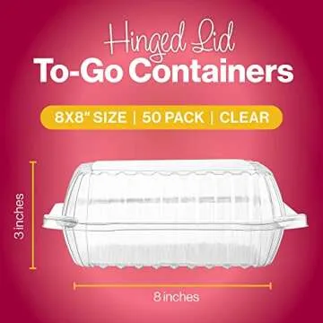 50 Clear Plastic Containers, 8" X 8" X 3" Hinged Lid Togo Containers for Food | Clamshell Food Containers for Strawberry Boxes, Bakery Supplies, Cake, Cookie, Dessert, Salad Containers, Treat Boxes