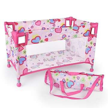 Chyyeerkidd Toy Baby Doll Crib for 18'' Dolls, Cute Pink Heart Designed Baby Doll Bed with Carry Bag, Toy Crib Doll Furniture for 3 Years+ Girls