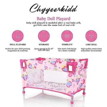 Chyyeerkidd Toy Baby Doll Crib for 18'' Dolls, Cute Pink Heart Designed Baby Doll Bed with Carry Bag, Toy Crib Doll Furniture for 3 Years+ Girls