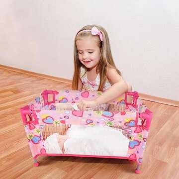 Chyyeerkidd Toy Baby Doll Crib for 18'' Dolls, Cute Pink Heart Designed Baby Doll Bed with Carry Bag, Toy Crib Doll Furniture for 3 Years+ Girls