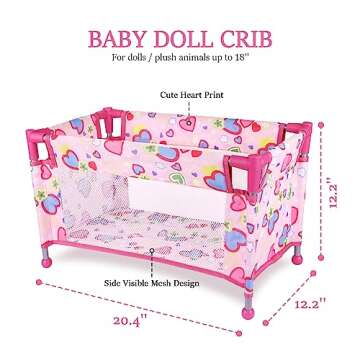 Chyyeerkidd Toy Baby Doll Crib for 18'' Dolls, Cute Pink Heart Designed Baby Doll Bed with Carry Bag, Toy Crib Doll Furniture for 3 Years+ Girls