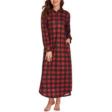 Ekouaer Women's Cotton Nightgown Long Sleeve Plaid Sleep Shirts Button Down Sleepwear with Pockets