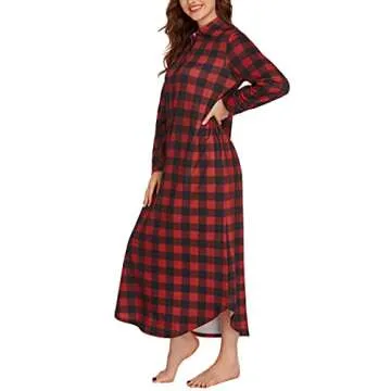 Ekouaer Women's Cotton Nightgown Long Sleeve Plaid Sleep Shirts Button Down Sleepwear with Pockets
