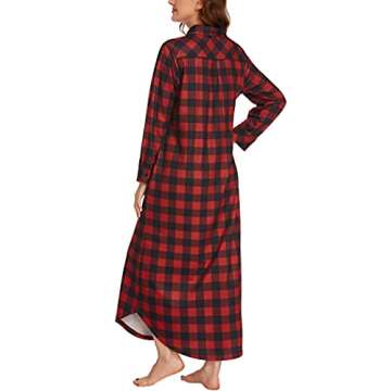 Ekouaer Women's Cotton Nightgown Long Sleeve Plaid Sleep Shirts Button Down Sleepwear with Pockets