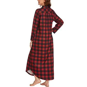 Ekouaer Women's Cotton Nightgown Long Sleeve Plaid Sleep Shirts Button Down Sleepwear with Pockets