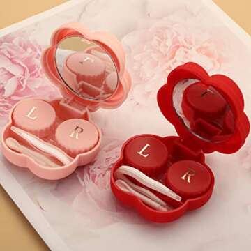 Caruncoo CARUNCOO Flower Shape Contact Lens Case,Compact Eye Contact Case for Travelling,Portable Contact Box with Mirror,Cute,Colorful,Especially (Pink)