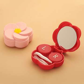 Caruncoo CARUNCOO Flower Shape Contact Lens Case,Compact Eye Contact Case for Travelling,Portable Contact Box with Mirror,Cute,Colorful,Especially (Pink)