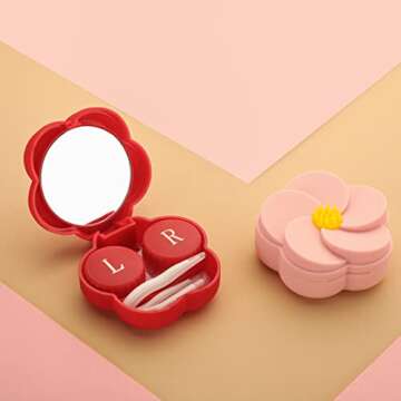 Caruncoo CARUNCOO Flower Shape Contact Lens Case,Compact Eye Contact Case for Travelling,Portable Contact Box with Mirror,Cute,Colorful,Especially (Pink)