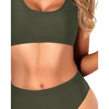 Tempt Me Women Army Green Two Piece Scoop Neck Bikini Crop Top Swimsuit Sporty High Waisted Bathing Suit M