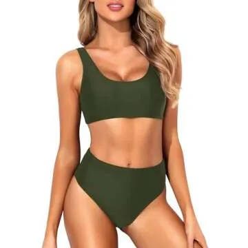 Tempt Me Women Army Green Two Piece Scoop Neck Bikini Crop Top Swimsuit Sporty High Waisted Bathing Suit M