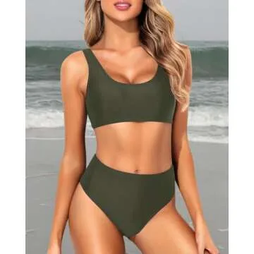 Tempt Me Women Army Green Two Piece Scoop Neck Bikini Crop Top Swimsuit Sporty High Waisted Bathing Suit M