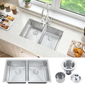 ATTOP Double Bowls Undermount Kitchen Sink,32 Inch Nano Coating Stainless Steel Kitchen Sink Undermo...