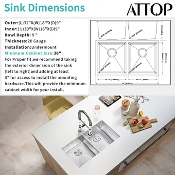 ATTOP 32" Double Bowls Undermount Kitchen Sink