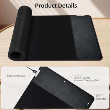 10W Wireless Charging Mouse Pad - Wireless Charging Desk Mat, 31.5" x 11.8" Extended Large Keyboard Pad, Vegan Leather, Waterproof Surface & Non-Slip Rubber Base for Office and Home, Black
