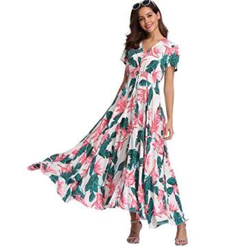 Ferrendo Women's Floral Maxi Dress Button Up Split Flowy Bohemian Party Beach Dresses Green Leaf
