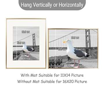 Frametory, 16x20 Metal Picture Frame with Mat for 11x14 Picture & Real Glass, Aluminum Photo Frame Collection (Gold, 1 Pack)