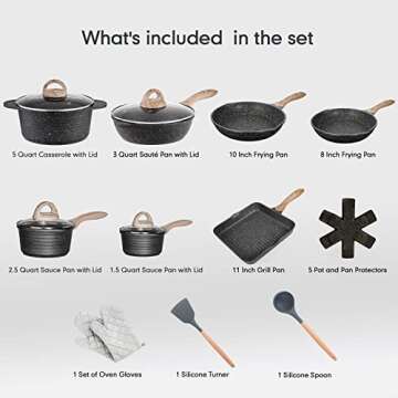 JEETEE Pots and Pans Set Nonstick 20PCS, Granite Coating Induction Compatible with Frying Saucepan, ...