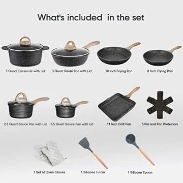 JEETEE Pots and Pans Set Nonstick 20PCS, Granite Coating Induction Compatible with Frying Saucepan, ...